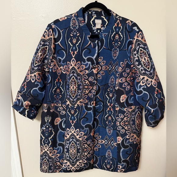 CHICOS 4 (US 20/22)jacquard embroidered topper jacket blue metallic lined boho - Picture 2 of 15